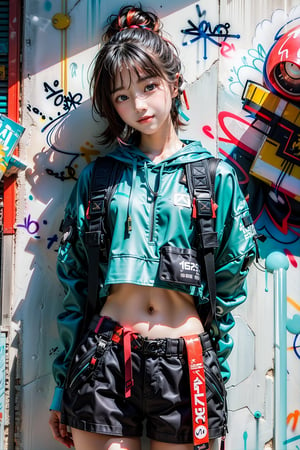 Photorealistic:1.2,Hyperdetailed, solo, urban techwear outfit, (graffiti:1.5), paint splatter, arms behind back, against wall, looking at viewer, armband, thigh strap, paint on body, head tilt, bored, multicolored hair, aqua eyes, headset,urban techwear,high_res, 1girl, most beautiful korean girl, Korean beauty model, idol face, gorgeous girl, 18yo, over sized eyes, big eyes, smiling, looking at viewer