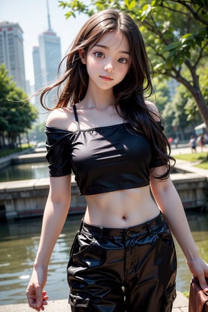 1girl, most beautiful korean girl, Korean beauty model, stunningly beautiful girl, gorgeous girl, over sized eyes, big eyes, looking at viewer, high school student,18 yo, long hair, curly hair, wearing short top(black, strap) and black cargo pants,she is walking riverside(river, bridge,trees) with a dog, happy smile, Best Quality, 32k, photorealistic, ultra-detailed, finely detailed, high resolution, perfect dynamic composition, beautiful detailed eyes, sharp-focus, cowboy shot,