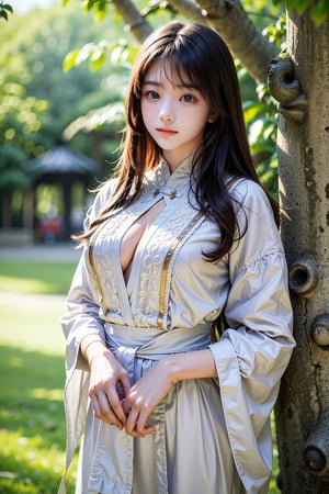 Anime,Cartoon,masterpiece,best quality,official art, extremely detailed CG unity 8k wallpaper,absurdres,8k resolution,exquisite facial features,prefect face,Cinematic LightingA girl with long hair in a white shirt, hanfu, artificial intelligence princess, beautiful makeup, beautiful realistic photo, "beautiful woman, unusually unique beauty, beautiful Alice Gainsborough, anime wallpaper, inspired by Lu Zhi Sakura" Next to the tree there is a beautiful white fox as tall as his new model,  ((Cowboy Shot: 1.5)), 1girl, most beautiful korean girl, Korean beauty model, idol face, stunningly beautiful girl, gorgeous girl, an extremely cute and beautiful girl, highly detailed beautiful face and eyes, over sized eyes, big eyes, smiling, 18 year old gravure model, perfect body, looking at viewer 