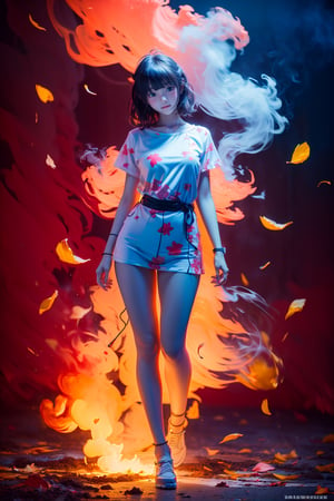 1girl:1.1), stars in the eyes, (pure girl:1.1), ((full body:1.2)), There are many scattered luminous petals, red and yellow tones, contour deepening, white_background, cinematic angle, smoke, blue_IDphoto, Urbantee,blue_IDphoto, 