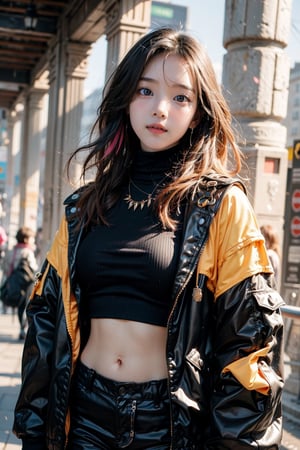 1girl, most beautiful korean girl, Korean beauty model, stunningly beautiful girl, gorgeous girl, 20yo, over sized eyes, big eyes, smiling, looking at viewer, dark gothic cyberpunk woman, defiant face, pastel colors, in clothes, colorful hair, light yellow sweatshirt, pants, black, with pink, guns hd, high detail, huoshen, TheLastOfUs, mgln,masterpiece