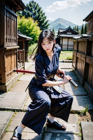 masterpiece, best quality, ultra realistic illustration, 16K, (HDR), high resolution, female_solo, slender hot body proportion, looking at viewer, over sized eyes, big eyes, beautiful korean girl, stunningly beautiful girl, gorgeous girl, an extremely cute and beautiful girl, highly detailed beautiful face and eyes, 1 female samurai , full body, holding sword katana+battoujutsu, (wearing highly detailed red haori+hakama skirt), full-body shot, (white long hair:1.0), (green eyes:1.0), highly detailed background of ancient Japan architecture, add More Detail,Enhance,chinatsumura,chinkstyle,wgz_style