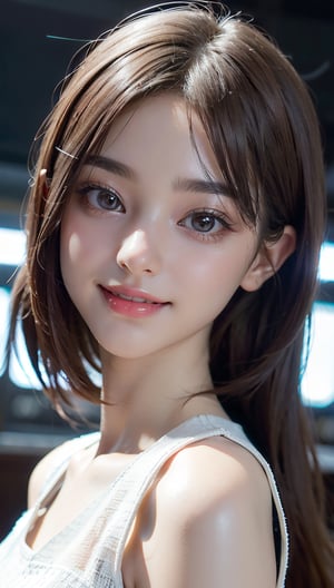 Masterpiece, 1 Beautiful Girl, Detailed, Swollen Eyes, Top Quality, Ultra High Resolution, (Reality: 1.4), Original Photo, 1Girl, Cinematic Lighting, Smiling, Japanese, Asian Beauty, Korean, Clean, Super Beautiful, Little Young Face, Beautiful Skin, Slender, Cyberpunk Background, (ultra realistic), (high resolution), (8K), (very detailed), (best illustration), (beautifully detailed eyes), (super detailed), (wallpaper), (detailed face), viewer looking, fine detail, detailed face, pureerosfaceace_v1, smiling, 46 point slanted bangs, looking straight ahead, neat clothes, dark colored eyes, clothes sleeveless, body facing front,
,Detailedface,realhands