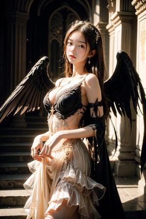 18 year old gravure model, perfect body, 1 girl, most beautiful korean girl, Korean beauty model, stunningly beautiful girl, gorgeous girl, over sized eyes, big eyes, smiling, looking at viewer, Title- 'Ebon Wings- The Enigmatic Fallen Angel by kyo8sai' In the realm of shadows and mystery, a solitary figure emerges, embodying the essence of a fallen angel. With ebony wings spread wide, she captivates all who behold her ethereal presence. Cloaked in darkness and adorned in a gothic lolita dress, she weaves a tale of enigmatic beauty. Her black wings, a symbol of her otherworldly nature, stretch majestically behind her. They shimmer with an otherworldly iridescence, casting an enchanting aura around her as she moves with grace and poise. These wings, once symbols of heavenly flight, now reflect the complexities of her journey and the beauty found amidst darkness. Her attire, a gothic lolita dress, combines elements of elegance and darkness. The dress features intricate lace and ruffled details, drawing the eye to its exquisite craftsmanship. The gothic undertones fuse with a touch of sweetness, creating a unique and captivating aesthetic that mirrors her own complex nature. Peering through a pair of glasses, she exudes an air of intelligence and curiosity. These spectacles lend an intellectual allure to her enigmatic presence, hinting at the depths of knowledge and wisdom she possesses. They serve as a window to her soul, revealing both vulnerability and strength. As the embodiment of the fallen angel, she is a mesmerizing combination of light and darkness. Her presence is an enigma, leaving those who encounter her in awe and fascination. With each step she takes, she dances between the realms of heaven and earth, embracing the complexities of her identity. In this captivating portrayal of a fallen angel, beauty emerges from the shadows. She challenges conventional perceptions and invites onlookers to explore the depths of their own souls. With her gothic lolita dress, black wings, and glasses, she paints a picture of strength, allure, and the eternal quest for understanding. 'Ebon Wings- The Enigmatic Fallen Angel' invites you to delve into the mysteries of the human spirit, to embrace the darkness within, and to find beauty even in the most unconventional places. It is a reminder that there is enchantment in the shadows, and that the journey of self-discovery often leads to the most breathtaking revelations.,masterpiece