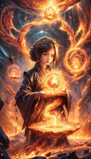 (masterpiece,  top quality,  best quality,  official art,  beautiful and aesthetic:1.2),  (1girl:1.2), fire fairy, cute,  light eyes,   beautiful face, ((Transparent heavenly plumage)),extreme detailed, (abstract:1.4,  fractal art:1.3), (shain gold hair:1.1),  fate \(series\),  colorful, highest detailed, lightning, Swirling lava, flying flames,ability to manipulate fire, (splash_art:1.2),  jewelry:1.4,  silver wear, scenery,  ink  ,pyromancer,Exquisite face,Holy light
