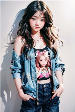 high quality, cute stickers, style cartoon, white border, cute Super Deformed Character, colorful, Detailed illustration of a woman with her hands in her pockets in a bohemian style outfit, by yukisakura, awesome full color, Realism, 1girl, most beautiful korean girl, Korean beauty model, extremely detailed beautiful girl, stunningly beautiful girl, gorgeous girl, 18yo, over sized eyes, big eyes, smiling, looking at viewer, more detail,nail polish,bodypaint