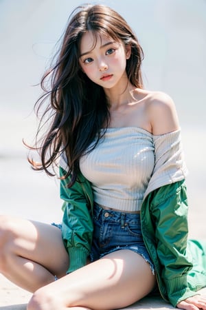1girl, most beautiful korean girl, stunningly beautiful girl, gorgeous girl, 20yo, over sized eyes, big eyes, smiling, looking at viewer, solo, long hair, (white full sleeve top), (green Off the shoulder jacket), (low rise shorts), sneakers, Confidence and pride,beauty,Young beauty spirit, realistic, ultra detailed, photo shoot, raw photo,white_background,masterpiece