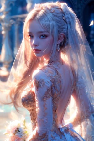 (((masterpiece))),  (((best quality))),  ((ultra-detailed)),  (illustration),((an extremely delicate and beautiful)),(detailed light),((wedding dress)),mature female,white hair,long_hair,red_eyes,(bloom),jingliu \(honkai: star rail\),pony_tail,looking at viewer,Realism,Detailedface
