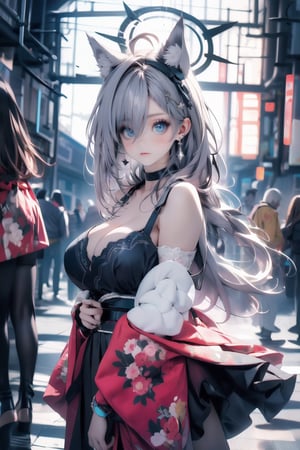 (((masterpiece))), (((best quality))), ((ultra-detailed)), (illustration), ((an extremely delicate and beautiful)), (detailed light), (bloom), looking at viewer,shiroko(terror), cleavage, extra ears, long hair, animal ears, animal ear fluff, choker, halo, full body, solo, blue eyes, large breasts, grey hair, thigh strap,midjourney,niji,kimono,nose blush,(best quality,Realism