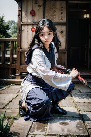 masterpiece, best quality, ultra realistic illustration, 16K, (HDR), high resolution, female_solo, slender hot body proportion, looking at viewer, big eyes, beautiful korean girl, 1 female samurai , holding sword katana+battoujutsu, (wearing highly detailed red haori+hakama skirt), full-body shot, (white long hair:1.0), (green eyes:1.0), highly detailed background of ancient Japan architecture, add More Detail,Enhance,chinatsumura,wgz_style