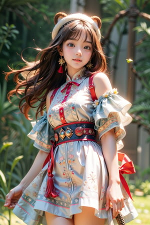 1 girl, most beautiful korean girl, Korean beauty model, idol face, gorgeous girl, 18yo, over sized eyes, big eyes, smiling, looking at viewer, ((Cowboy Shot: 1.5)), solo, long hair, blush, bangs, blue eyes, simple background, hair ornament, white background, dress, bow, animal ears, jewelry, closed mouth, weapon, flower, grey hair, cowboy shot, earrings, sword, white dress, book, sash, white headwear, sheath, tassel, sheathed, bear ears, weapon on back