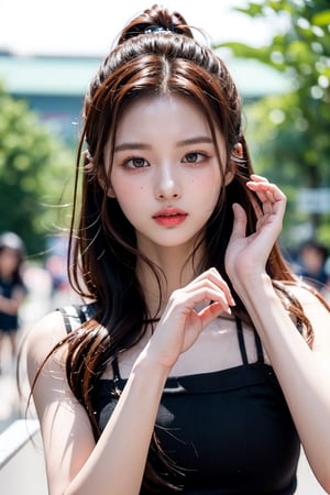 beautiful Korean 20yo girl, idol face, gorgeous girl, {beautiful and detailed eyes}, {normal limbs and fingers}, ((accurate hands without incongruity)), Golden ratio, perfect body ratio, The face of a young actress in korea, high details, High quality, beauty face, perfect face,  
beautiful accurate face (eyes, nose and mouth), medium_breasts, Detailed face, Detailed eyes, perfect foot, perfect hand, perfect fingers, Clean facial skin, slim and perfect body, Glamor body type, hips up, film grain, realhands, looking at viewer, cute:3.0, sohee,Realism