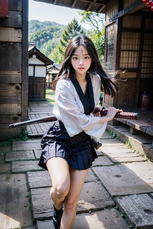 masterpiece, best quality, ultra realistic illustration, 16K, (HDR), high resolution, female_solo, slender hot body proportion, looking at viewer, big eyes, beautiful korean girl, 1 female samurai , holding sword katana+battoujutsu, (wearing highly detailed red haori+hakama skirt), full-body shot, (white long hair:1.0), (green eyes:1.0), highly detailed background of ancient Japan architecture, add More Detail,Enhance,chinatsumura,wgz_style