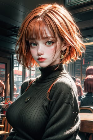 nose blush,mcdonalds_mom, short hair, large breasts, blunt bangs, bob cut, bright pupils, green eyes,orange_hair,Low angle shot,from below, the most beautiful image I have ever seen, Shader, volume rendering,niji,Realism