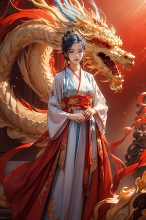masterpiece, top quality, best quality, official art, beautiful and aesthetic:1.2), (1girl:1.3), 1 girl, blue hair, hanfu fashion, chinese dragon, eastern dragon, golden line, (red theme:1.6), volumetric lighting, ultra-high quality, photorealistic, sky background, hanfu,Realism