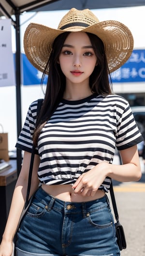 1girl, most beautiful korean girl, Korean beauty model, stunningly beautiful girl, gorgeous girl, over sized eyes, big eyes, looking at viewer, 16 yo, dark hair(very long hair, straight hair), happy smile, Europe flea market, wearing striped short sleeve top, black loose fit long pants and sneakers, holding ecobag, Best Quality, 32k, photorealistic, ultra-detailed, finely detailed, high resolution, perfect dynamic composition, beautiful detailed eyes, sharp-focus, cowboy_shot,