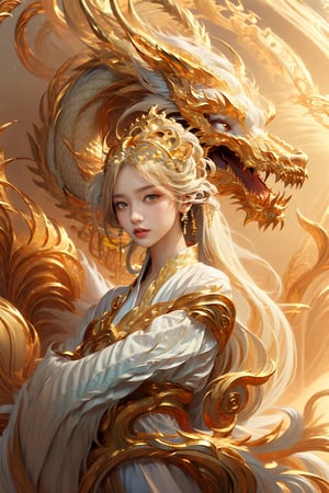 masterpiece, top quality, best quality, official art, beautiful and aesthetic:1.2), (1girl:1.3), chinese dragon, eastern dragon, golden line, (white theme:1.6), volumetric lighting, ultra-high quality, photorealistic, sky background,3va,Circle,Realism