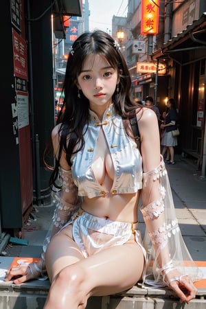 Sexy Pose , (masterpiece), (solo), 1 girl, most beautiful korean girl, Korean beauty model, idol face, gorgeous girl, an extremely cute and beautiful girl, highly detailed beautiful face and eyes, over sized eyes, big eyes, smiling, 18yo, looking at viewer, white hair, (high sexual attraction,long hair), in the dark night, (sexy Chinese Hanfu+body implants) ,(highly detailed background of ancient Indian achitechture with neon lights) ,Cyberpunk,Enhance, Traditional Chinese Sexy Outfits