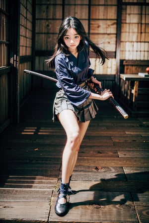 masterpiece, best quality, ultra realistic illustration, 16K, (HDR), high resolution, female_solo, slender hot body proportion, looking at viewer, big eyes, beautiful korean girl, 1 female samurai , holding sword katana+battoujutsu, (wearing highly detailed red haori+hakama skirt), full-body shot, (white long hair:1.0), (green eyes:1.0), highly detailed background of ancient Japan architecture, add More Detail,Enhance,chinatsumura,wgz_style