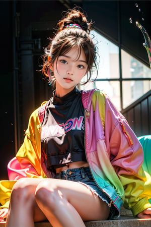 1girl, most beautiful korean girl, Korean beauty model, extremely detailed beautiful girl, stunningly beautiful girl, gorgeous girl, 18yo, over sized eyes, big eyes, smiling, looking at viewer, pink sleek pixie shorts hair style, wearing oversize rainbow jacket bomber m1, shorts bluejeans, white sneaker, splash color on background