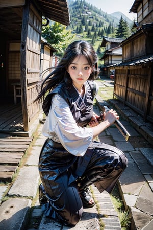 masterpiece, best quality, ultra realistic illustration, 16K, (HDR), high resolution, female_solo, slender hot body proportion, looking at viewer, big eyes, beautiful korean girl, 1 female samurai , holding sword katana+battoujutsu, (wearing highly detailed red haori+hakama skirt), full-body shot, (white long hair:1.0), (green eyes:1.0), highly detailed background of ancient Japan architecture, add More Detail,Enhance,chinatsumura,wgz_style