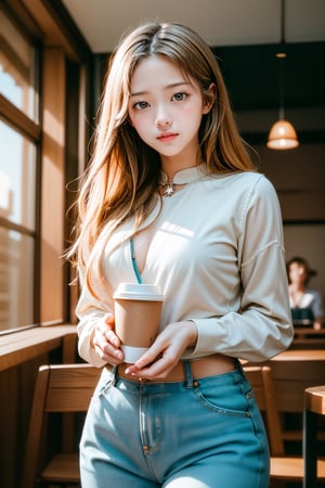 vibrant colors, female, masterpiece, sharp focus, best quality, depth of field, cinematic lighting, ((solo, one woman )), (illustration, 8k CG, extremely detailed), masterpiece, ultra-detailed, solo, ((Cowboy Shot: 1.5)), 1 girl, beautiful korean girl, looking at viewer, 18 yo, over sized eyes, big eyes, smiling, photo of a woman taken by i phone, soft smile, long straight blonde hair, thin nose, high cheek bones, depth of field, coffee shop background, highly detailed, detailed blue eyes,Detailedface