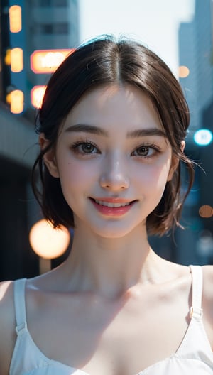 Masterpiece, 1 Beautiful Girl, Detailed, Swollen Eyes, Top Quality, Ultra High Resolution, (Reality: 1.4), Original Photo, 1Girl, Cinematic Lighting, Smiling, Japanese, Asian Beauty, Korean, Clean, Super Beautiful, Little Young Face, Beautiful Skin, Slender, Cyberpunk Background, (ultra realistic), (high resolution), (8K), (very detailed), (best illustration), (beautifully detailed eyes), (super detailed), (wallpaper), (detailed face), viewer looking, fine detail, detailed face, pureerosfaceace_v1, smiling, 46 point slanted bangs, looking straight ahead, neat clothes, dark colored eyes, clothes sleeveless, body facing front,
