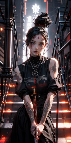 a girl ,dinamic pose ,holding a sword, in the style of cybergoth, red threads, midwest gothic, organically inspired body art, nu-goth, made of all of the above, suburban gothic ,style expressive,Samurai girl,Realism