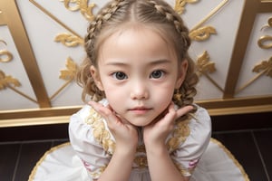 Envision a cute little girl, with blonde hair, blue eyes, ((kiss pose)), wearing 2 golden star earrings, white clothes, cheongsam with golden thread embroidery, steel chestpad, holding a face mask with the right hand, symmetrical, looking up, ((adorable expression)), full body, hair strand, Fair skin, glistening, 2 side braids, best quality, masterpiece, sharp focus, super detailed, 8k, high angle photo, close up, high contrast, (((tween, preteen, 7-year-old, 4k))), AIDA_LoRA_AnC, ((looking up her clothes)), 