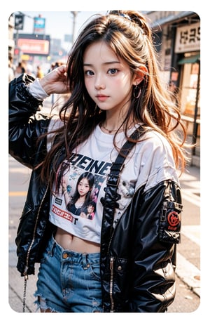 1girl, most beautiful korean girl, Korean beauty model, stunningly beautiful girl, gorgeous girl, 20yo, over sized eyes, big eyes, smiling, looking at viewer, dark gothic cyberpunk woman, defiant face, pastel colors, in clothes, colorful hair, light yellow sweatshirt, pants, black, with pink, guns hd, high detail, huoshen, TheLastOfUs, mgln