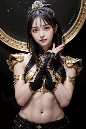 4k,best quality,masterpiece,20yo 1girl,(black suit and pants, alluring smile, head ornaments 
Sexy armor 
(Beautiful and detailed eyes),
Detailed face, detailed eyes, double eyelids ,thin face, real hands, muscular fit body, semi visible abs, ((short hair with long locks:1.2)), black hair, aurora background, painted brush ink background


real person, color splash style photo,
