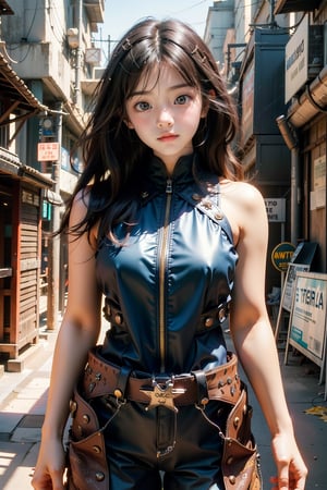 (masterpiece)In autumn, a super beautiful korean 18-year-old kunoichi with medium wavy hair, 1 girl, most beautiful korean girl, Korean beauty model, idol face, gorgeous girl, an extremely cute and beautiful girl, highly detailed beautiful face and eyes, over sized eyes, big eyes, smiling, 18yo, looking at viewer, ((Cowboy Shot: 1.5)), white, ninja open clothes, sleeveless, sexy and attractive, black armors, surrealism, chiaroscuro, colorful movie lights , Lens Flare, From Outside, Ultra HD, cyberpunk , Textured Skin, High Detail, High Resolution, cbpkv5