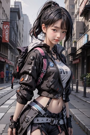 Defaults17Style, 1 girl, beautiful korean girl, looking at viewer, 18 yo, over sized eyes, big eyes, smiling, jewelry, solo BREAK ()magazine cover)), masterpiece, best quality, highres, (multicolored hair:1.1), beautiful face, clas, awesome pose,SilverWolfV5, ,urban techwear, cowboy_shot