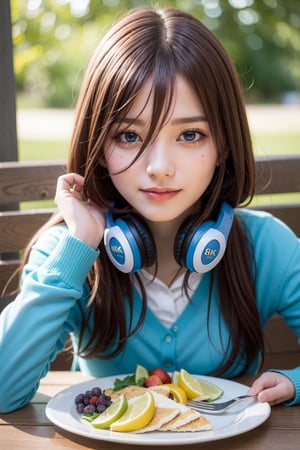 ((masterpiece, 8k, RAW, ultra realistic)), miku nakano, enjoying breakfast before school, long hair, bangs, blue eyes, brown hair, shirt, hair between eyes, shy smile, headphones, blue cardigan, white shirt, GREEN SKIRT, headphones around neck,
,MIKU NAKANO,Realism,Portrait