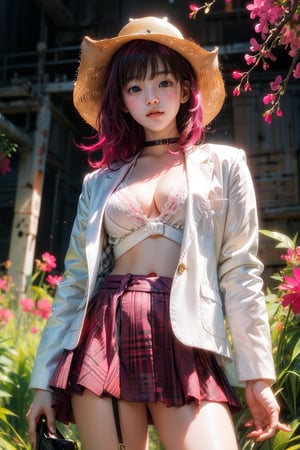 masterpiece, best quality, extremely detailed, high resolution, beautiful face, Japanese anime, 1girl, most beautiful korean girl, Korean beauty model, extremely detailed beautiful girl, stunningly beautiful girl, gorgeous girl, over sized eyes, big eyes, smiling, (cowboy shot:1.3), ((no hat:1.3)), BREAK ((magenta colored hair:1.3)), BREAK ((magenta colored hair:1.3)), (long hair:1.3). (forehead:1.3),BREAK(magenta eyes), (tsurime, with eyelashes), (beautiful detailed eyes:1.2), 17 -year-old, 171cm tall, Slender, large breasts, original character, fantasy, BREAK ((beautiful fingers:1.3)), BREAK ((coal mine background:1.3)), BREAK (standing:1.4), BREAK((white, blazer:1.3)), (brown rebbon), (Plaid, brown skirt:1.3), BREAK(white socks:1.3), shoot from front, looking at viewer