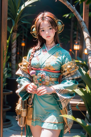 high resolution,  ultra detailed,  (masterpiece:1.4), ((Cowboy Shot: 1.5)), taeri, busty, super photo realistic illustration, highres, ultla detailed, absurdres, best quality,
from front shot, face focus, 1 beautiful woman, oiran girll, female oiran, most beautiful korean girl, Korean beauty model, extremely detailed beautiful girl, stunningly beautiful girl, gorgeous girl, 18yo, over sized eyes, big eyes, smiling, looking at viewer, vibrant, kimono dress, intricate pattern, ultra detailed eyes, colorful, darl background, kimono armor, vibrant color theme, exposure blend, bokeh, (hdr:1.4), high contrast,  (cinematic,  teal and orange:0.85),  (muted colors,  dim colors,  soothing tones:1.3),  
BREAK
(god bless you:1.3), compassionate expression, empathetic, caring, kind, content expression, satisfied, pleased, gratified, thoughtful expression, pensive, reflective, contemplative, determined expression, resolute, purposeful, firm,
BREAK
(colorful:1.5), glowing lights, pillar of lights, blooming light effect, papier colle, paper collage, layered compositions, varied textures, abstract designs, artistic juxtapositions, mixed-media approach,
(Zentangle:1.5), structured patterns, meditative drawing, intricate designs, focus and relaxation, creative doodling, artistic expression, dragonbaby, CrclWc,watercolor \(medium\),warrior