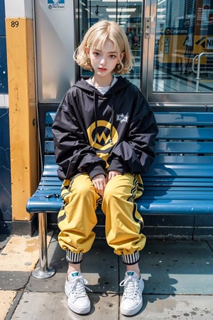 yellow_jacket, 1girl,  oversized_clothes , white_hair , sneakers , sitting inside a subway,Realism