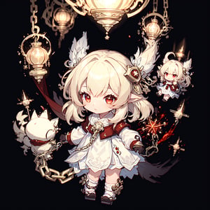 masterpiece, best quality, ultra-detailed, 1girl, hair (white, floating, long), detailed face , beautiful red eyes, a long minimalist white dress , light witch,  light particles, light rays, background (large chains as red as blood),midjourney,chibi,High detailed ,Kanna Kamui ,monadef,IncrsNikkeProfile,fantasy00d,full body,glitter,shiny,kleedef