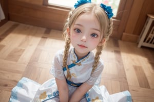 Envision a cute little girl, with blonde hair, blue eyes, ((kiss pose)), wearing 2 golden star earrings, white clothes, cheongsam with golden thread embroidery, steel chestpad, holding a face mask with the right hand, symmetrical, looking up, ((adorable expression)), full body, hair strand, Fair skin, glistening, 2 side braids, best quality, masterpiece, sharp focus, super detailed, 8k, high angle photo, close up, high contrast, (((tween, preteen, 7-year-old, 4k))), AIDA_LoRA_AnC, ((looking up her clothes)), 