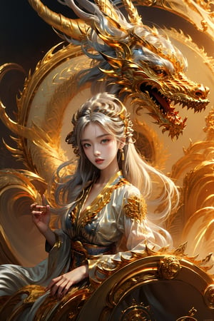 masterpiece, top quality, best quality, official art, beautiful and aesthetic:1.2), (1girl:1.3), chinese dragon, eastern dragon, golden line, (silver theme:1.6), volumetric lighting, ultra-high quality, photorealistic, sky background,3va,Circle,Realism