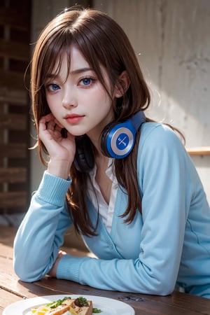 ((masterpiece, 8k, RAW, ultra realistic)), miku nakano, enjoying breakfast before school, long hair, bangs, blue eyes, brown hair, shirt, hair between eyes, shy smile, headphones, blue cardigan, white shirt, GREEN SKIRT, headphones around neck,
,MIKU NAKANO,Realism,Portrait