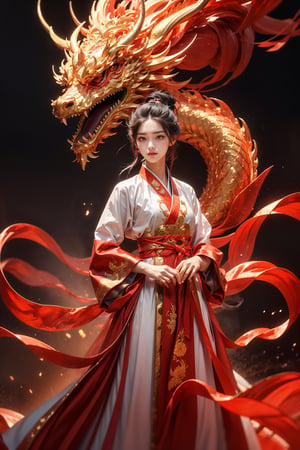 masterpiece, top quality, best quality, official art, beautiful and aesthetic:1.2), (1girl:1.3), hanfu fashion, chinese dragon, eastern dragon, golden line, (black and red theme:1.6), volumetric lighting, ultra-high quality, photorealistic, sky background, hanfu, sword
