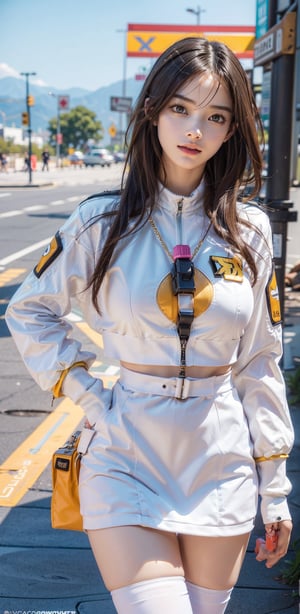 (Teen girl:1.3), (caucasian girl:1.3), ((extremely beautiful and sexy girl)), (godess hot girl), hand on hip, looking at viewer, cowboy shot, ((Tracer (overwatch))), aahana, (orange-colored eye shield), shoulder pads, (upper body is brown jacket, lower body is yellow bodysuit), long sleeves, (black gloves), very short brown hair, brown eyes, looking at viewer, freckles, smile, (cheeky), blushed, parted lips, (glossy lips:1.3), (gigantic breasts:1.3), wide hips, well sunlit, (masterpiece:1.5), (intricate details), best quality, (high resolution), (unity 8k wallpaper), (illustration:0.8), (extremely detailed face), (perfect lighting), (extremely detailed CG), ((perfect hands, perfect anatomy)), ,Breast Expansion, ,bound,Realism,Portrait