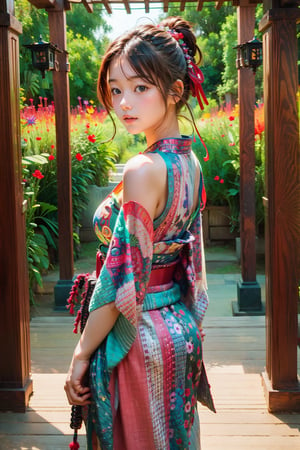 high resolution,  ultra detailed,  (masterpiece:1.4), ((Cowboy Shot: 1.5)), taeri,  busty, super photo realistic illustration, highres, ultla detailed, absurdres, best quality,
from front  shot, looking away, middle shot, face focus, 1 beautiful woman, oiran girll, female oiran, most beautiful korean girl, Korean beauty model, extremely detailed beautiful girl, stunningly beautiful girl, gorgeous girl, 18yo, over sized eyes, big eyes, smiling, looking at viewer, vibrant, kimono dress, intricate pattern, ultra detailed eyes, colorful, darl background, kimono armor, vibrant color theme, exposure blend, bokeh, (hdr:1.4), high contrast,  (cinematic,  teal and orange:0.85),  (muted colors,  dim colors,  soothing tones:1.3),  
BREAK
(god bless you:1.3), compassionate expression, empathetic, caring, kind, content expression, satisfied, pleased, gratified, thoughtful expression, pensive, reflective, contemplative, determined expression, resolute, purposeful, firm,
BREAK
(colorful:1.5), glowing lights, pillar of lights, blooming light effect, papier colle, paper collage, layered compositions, varied textures, abstract designs, artistic juxtapositions, mixed-media approach,
(Zentangle:1.5), structured patterns, meditative drawing, intricate designs, focus and relaxation, creative doodling, artistic expression, dragonbaby, CrclWc,watercolor \(medium\),warrior