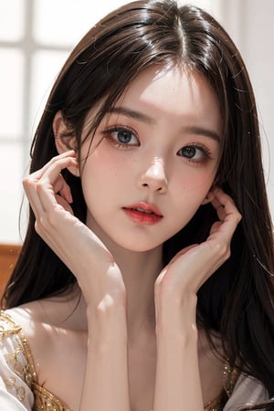 beautiful Korean 20yo girl, idol face, gorgeous girl, {beautiful and detailed eyes}, {normal limbs and fingers}, ((accurate hands without incongruity)), Golden ratio, perfect body ratio, The face of a young actress in korea, high details, High quality, beauty face, perfect face,  
beautiful accurate face (eyes, nose and mouth), medium_breasts, Detailed face, Detailed eyes, perfect foot, perfect hand, perfect fingers, Clean facial skin, slim and perfect body, Glamor body type, hips up, film grain, realhands, looking at viewer