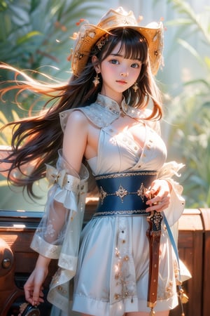 1 girl, most beautiful korean girl, Korean beauty model, idol face, gorgeous girl, 18yo, over sized eyes, big eyes, smiling, looking at viewer, ((Cowboy Shot: 1.5)), solo, long hair, blush, bangs, blue eyes, simple background, hair ornament, white background, dress, bow, animal ears, jewelry, closed mouth, weapon, flower, grey hair, cowboy shot, earrings, sword, white dress, book, sash, white headwear, sheath, tassel, sheathed, bear ears, weapon on back