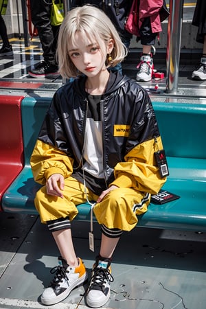 yellow_jacket, 1girl,  oversized_clothes , white_hair , sneakers , sitting inside a subway,Realism