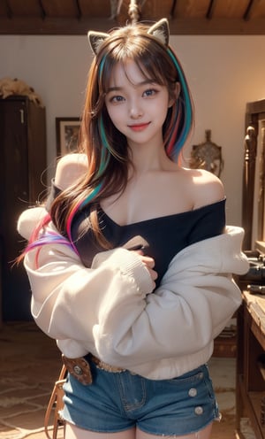 (best quality, masterpiece), most beautiful korean girl, Korean beauty model, stunningly beautiful girl, gorgeous girl, over sized eyes, big eyes, smiling, looking at viewer, ((Cowboy Shot: 1.5)), off shoulder, (multicolored hair:1.3), clutter girl's lovely room, hugging stuffed animal, fluffy hoodie with animal ears,masterpiece