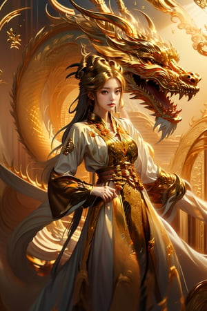 masterpiece, top quality, best quality, official art, beautiful and aesthetic:1.2), (1girl:1.3), chinese dragon, eastern dragon, golden line, (gold theme:1.6), volumetric lighting, ultra-high quality, photorealistic, sky background,3va,Circle,Realism