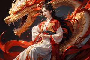 masterpiece, top quality, best quality, official art, beautiful and aesthetic:1.2), (1girl:1.3), 1 girl, blue hair, hanfu fashion, chinese dragon, eastern dragon, golden line, (red theme:1.6), volumetric lighting, ultra-high quality, photorealistic, sky background, hanfu,Realism